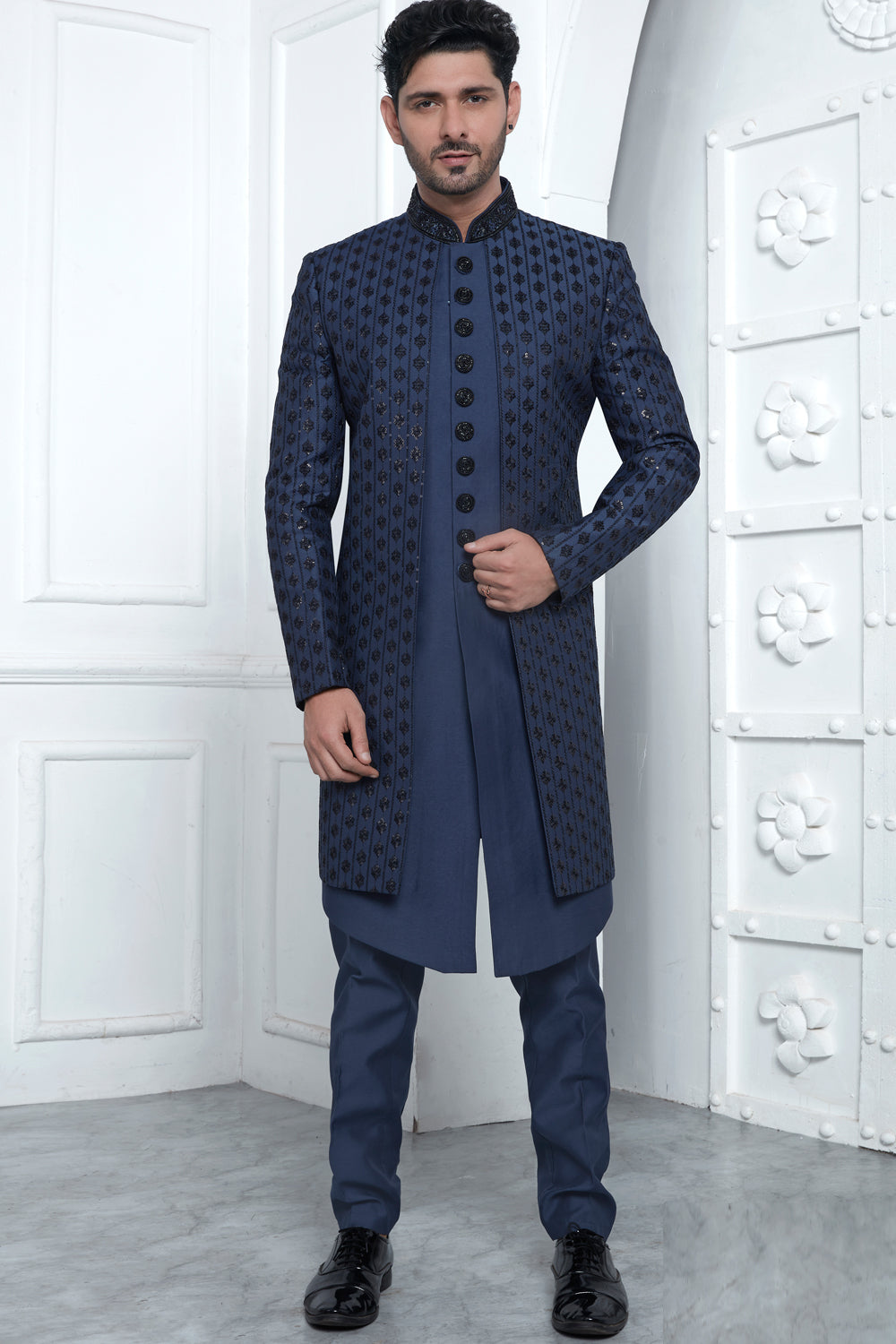 Blue Art Silk 3 piece attached Jacket Set (NMK-7873) - Nihal Fashions