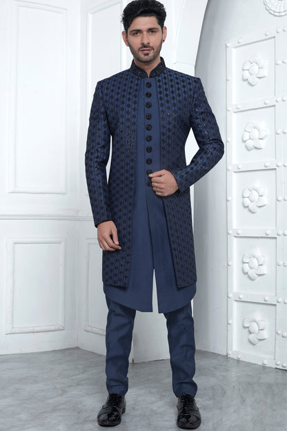 Blue Art Silk 3 piece attached Jacket Set (NMK-7873) - Nihal Fashions