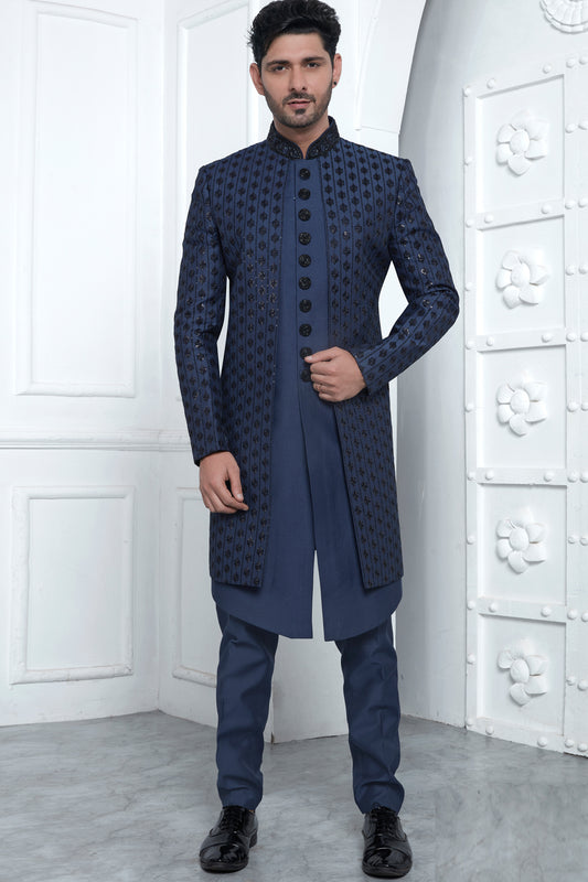 Blue Art Silk 3 piece attached Jacket Set (NMK-7873) - Nihal Fashions