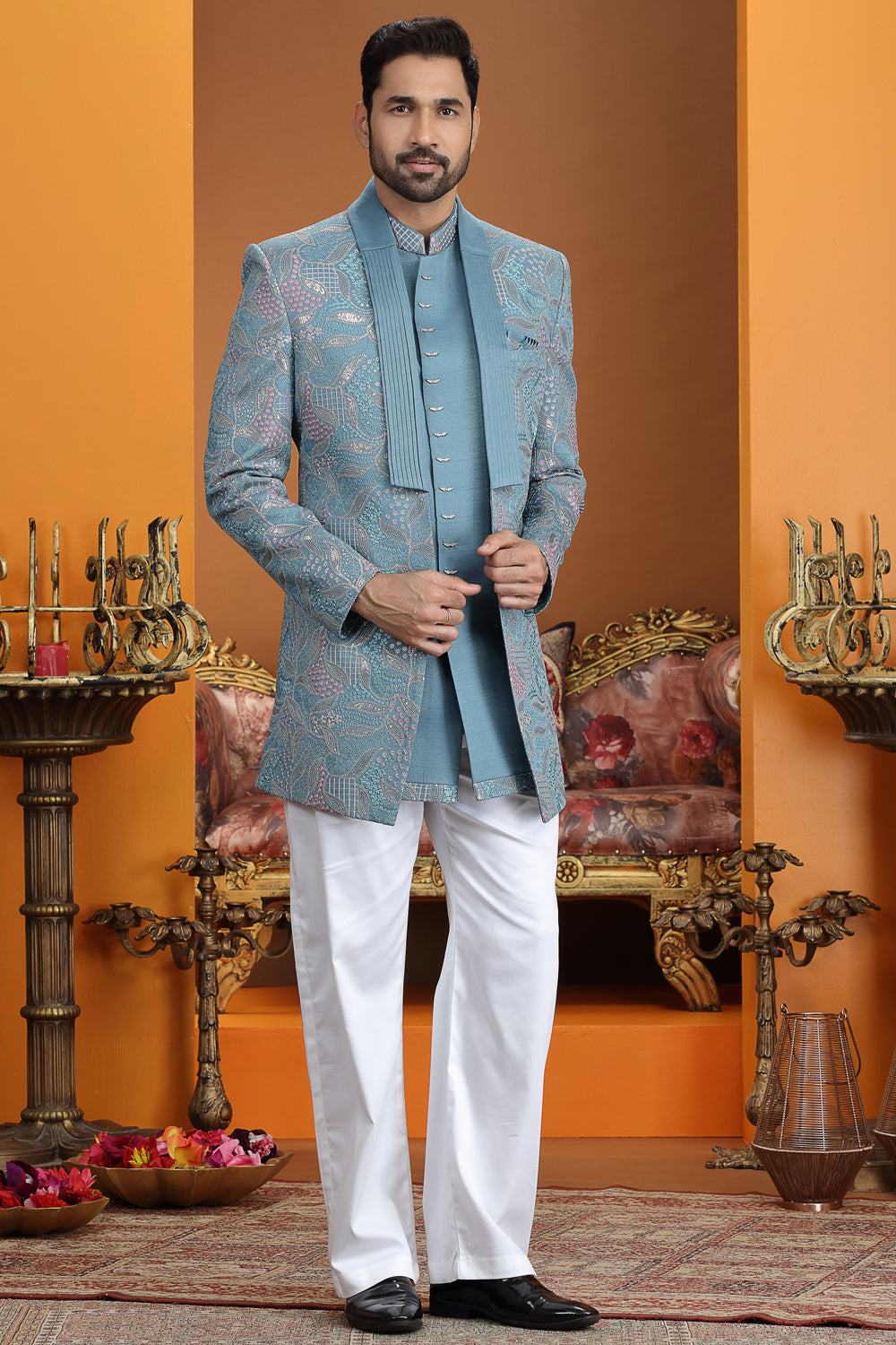 Blue Art Silk 3 piece Indo Western (NMK-8637) - Nihal Fashions