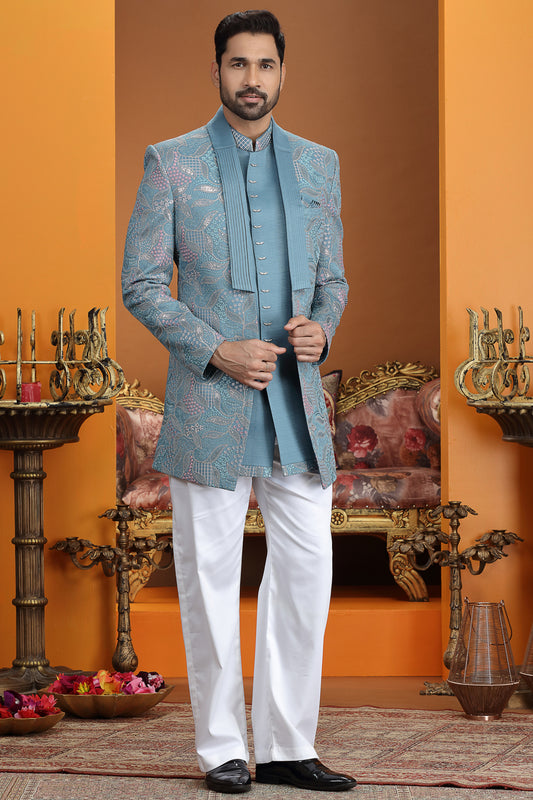 Blue Art Silk 3 piece Indo Western (NMK-8637) - Nihal Fashions