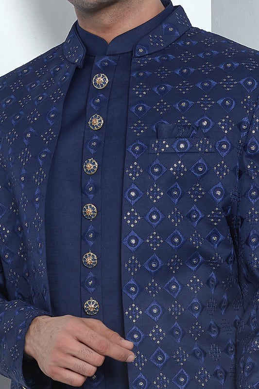 Blue Art Silk 3 piece Jacket Set (NMK-7877) - Nihal Fashions