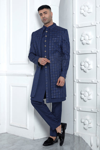 Blue Art Silk 3 piece Jacket Set (NMK-7877) - Nihal Fashions