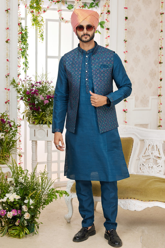 Blue Art Silk 3 piece Jacket Set (NMK-7973) - Nihal Fashions