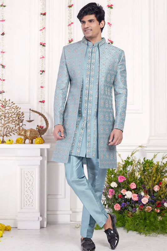 Blue Art Silk 3 piece Jacket Set (NMK-8393) - Nihal Fashions