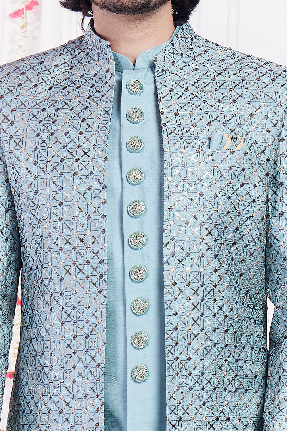 Blue Art Silk 3 piece Mens Jacket Set (NMK-8406) - Nihal Fashions