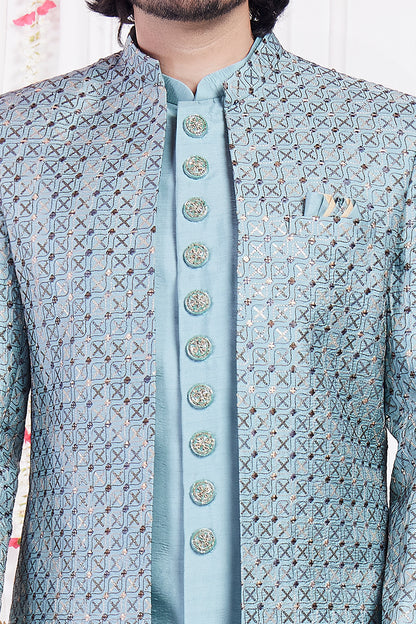 Blue Art Silk 3 piece Mens Jacket Set (NMK-8406) - Nihal Fashions