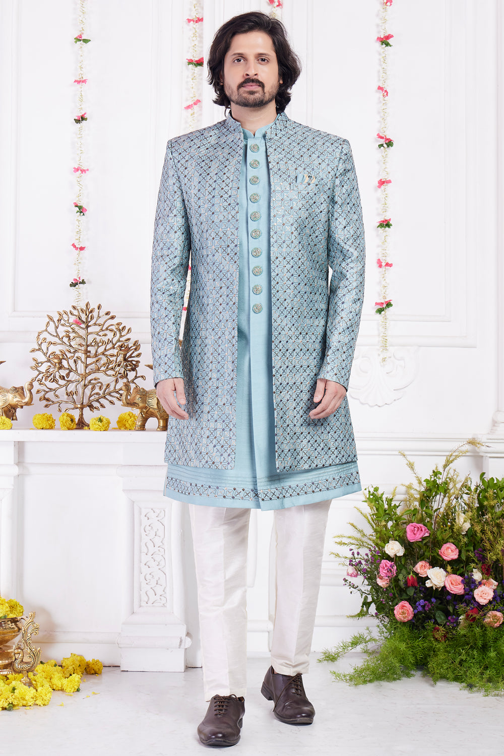 Blue Art Silk 3 piece Mens Jacket Set (NMK-8406) - Nihal Fashions