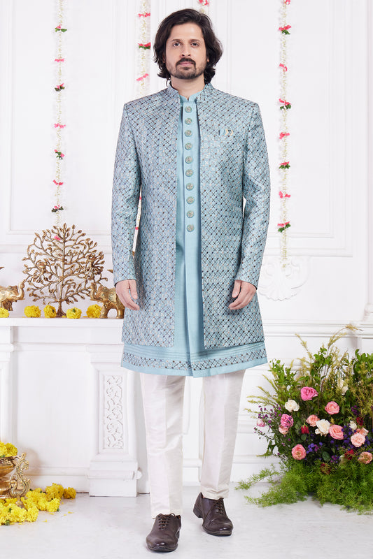 Blue Art Silk 3 piece Mens Jacket Set (NMK-8406) - Nihal Fashions