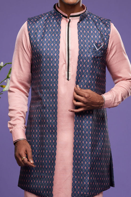 Blue Art Silk Digital Printed Jacket Kurta (NMK-7083) - Nihal Fashions