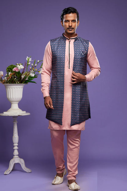 Blue Art Silk Digital Printed Jacket Kurta (NMK-7083) - Nihal Fashions