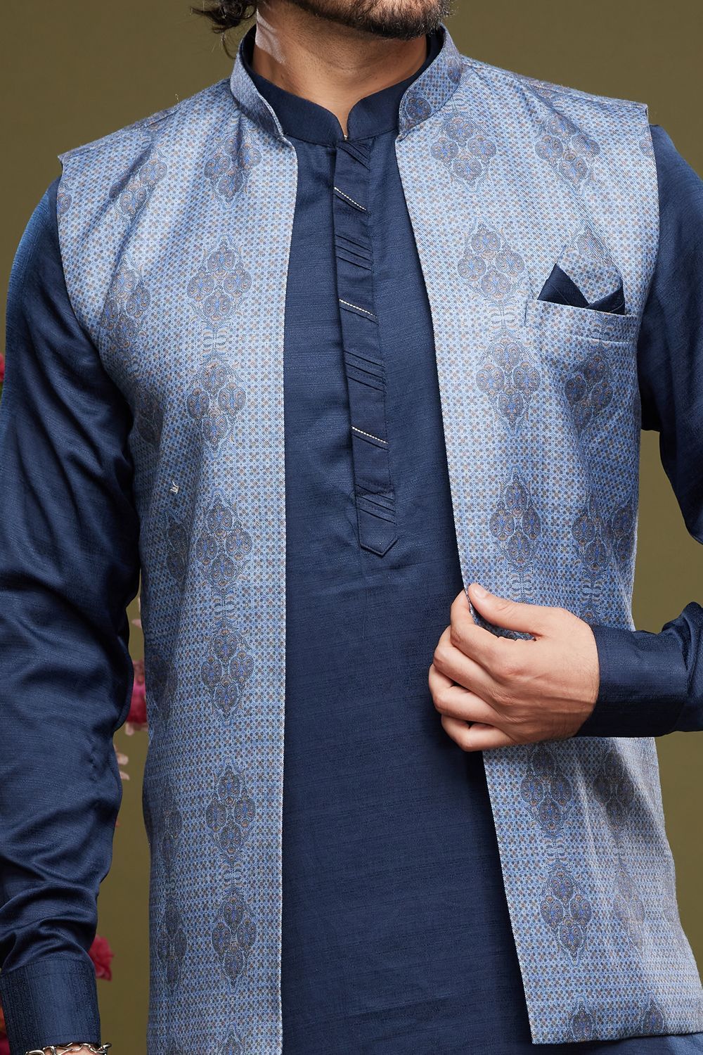 Blue Art Silk Digital Printed Jacket Kurta (NMK-7091) - Nihal Fashions