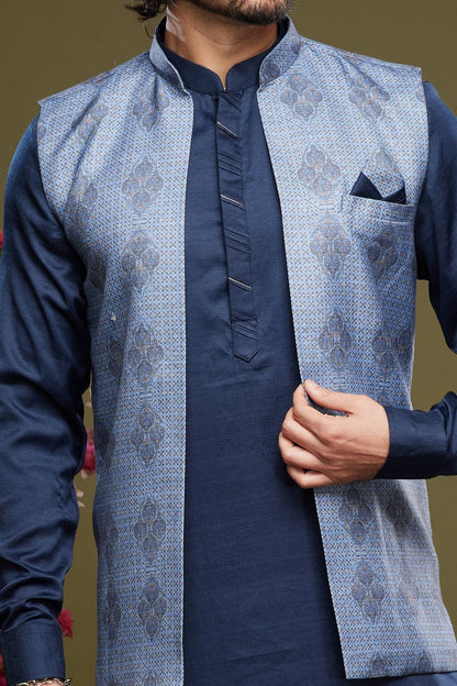 Blue Art Silk Digital Printed Jacket Kurta (NMK-7091) - Nihal Fashions