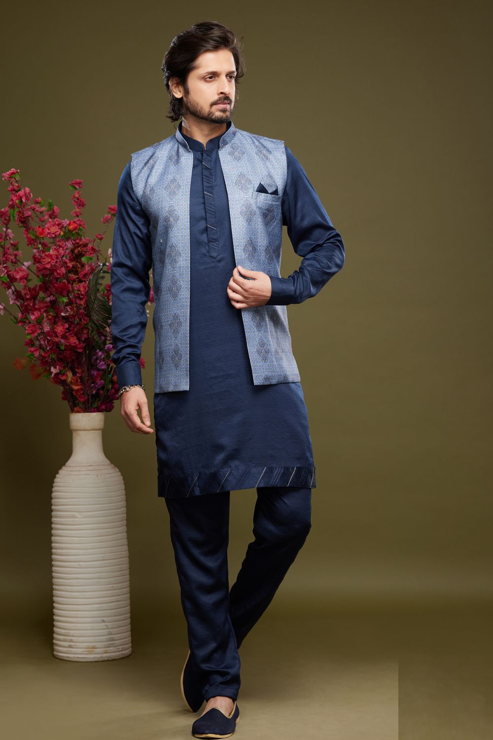 Blue Art Silk Digital Printed Jacket Kurta (NMK-7091) - Nihal Fashions