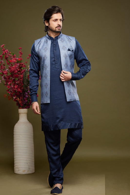 Blue Art Silk Digital Printed Jacket Kurta (NMK-7091) - Nihal Fashions