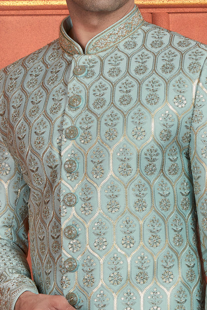 Blue Art Silk Grooms Sherwani (NMK-7897) - Nihal Fashions