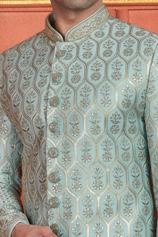 Blue Art Silk Grooms Sherwani (NMK-7897) - Nihal Fashions