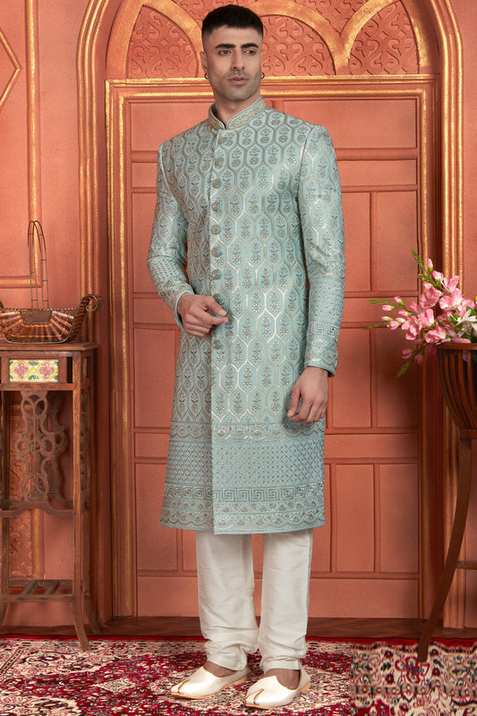 Blue Art Silk Grooms Sherwani (NMK-7897) - Nihal Fashions