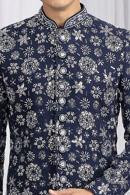 Blue Art Silk Grooms Sherwani (NMK-8648) - Nihal Fashions