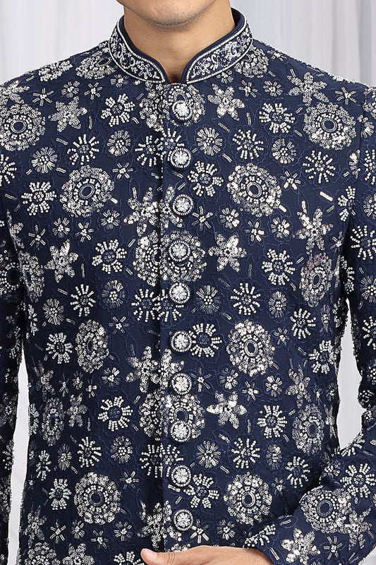 Blue Art Silk Grooms Sherwani (NMK-8648) - Nihal Fashions