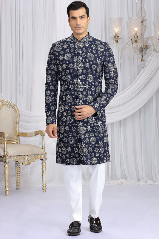 Blue Art Silk Grooms Sherwani (NMK-8648) - Nihal Fashions