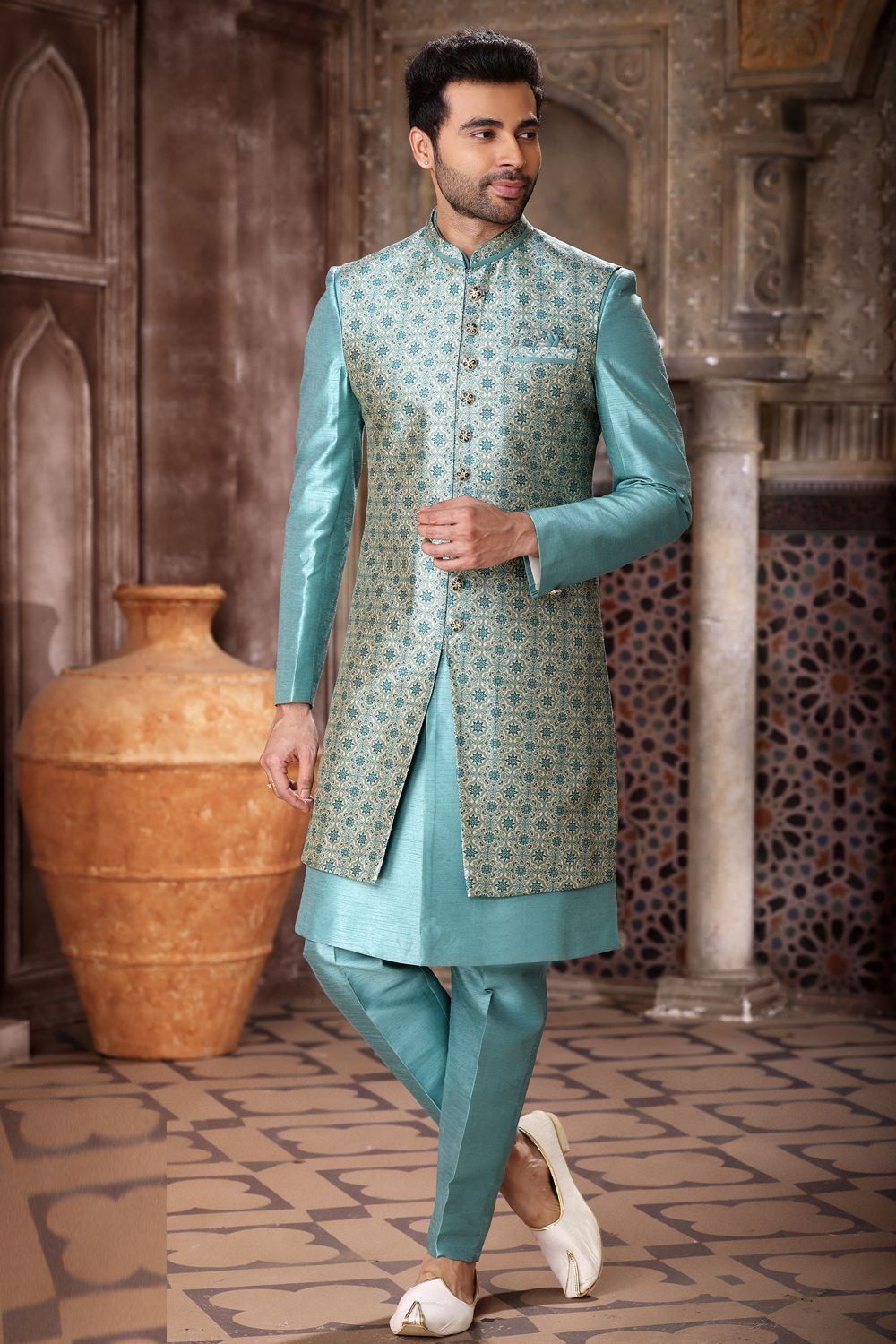 Blue Art Silk Indo Western for Men (NMK-6852) - Nihal Fashions