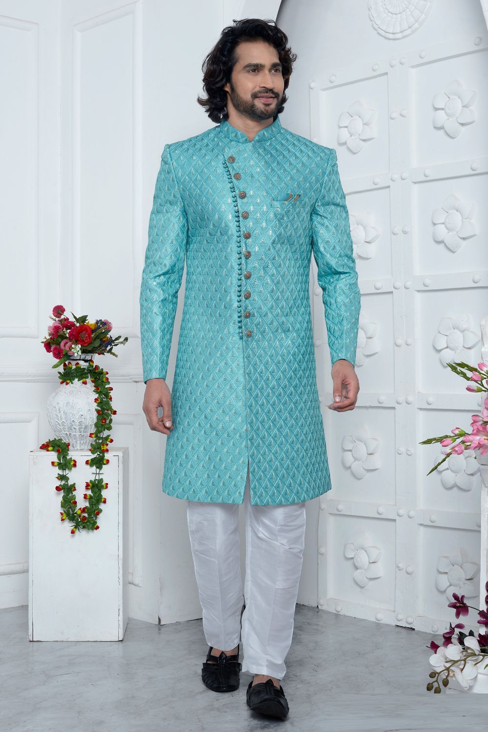 Blue Art Silk Indo Western for Men (NMK-7705) - Nihal Fashions