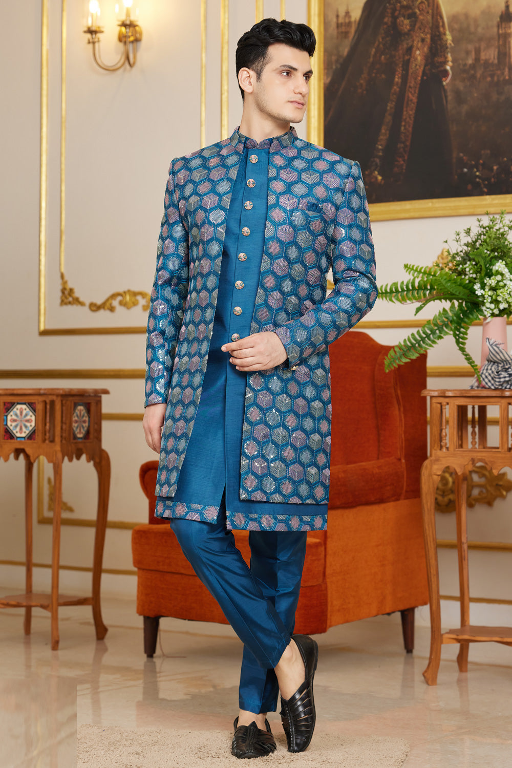 Blue Art Silk Indo Western for Men (NMK-8268) - Nihal Fashions