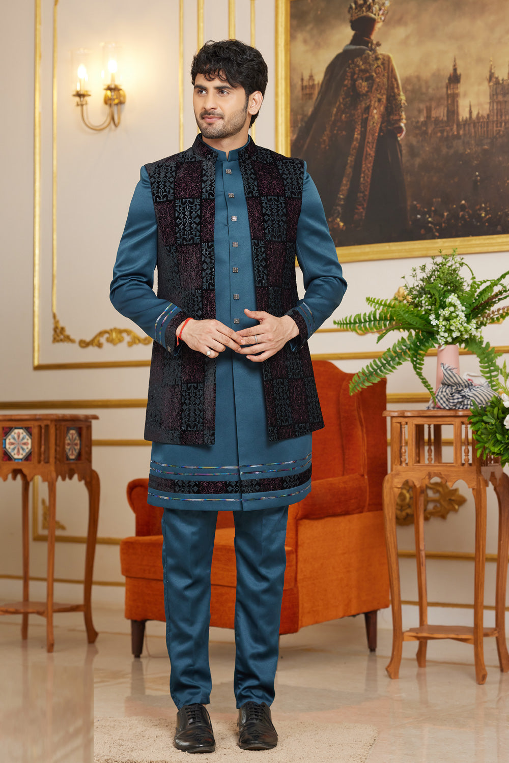 Blue Art Silk Indo Western for Men (NMK-8274) - Nihal Fashions