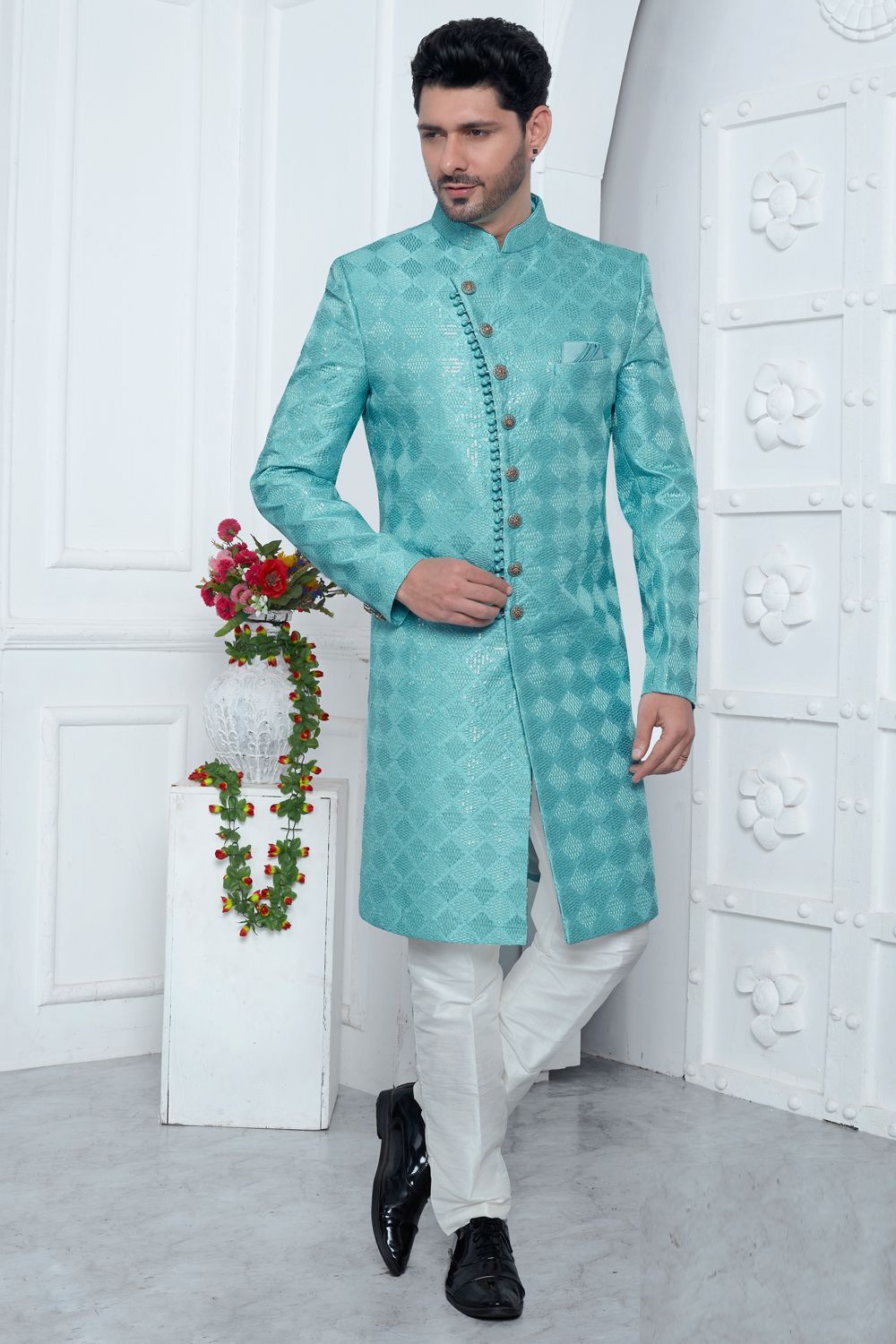 Blue Art Silk Mens Indo Western (NMK-7703) - Nihal Fashions