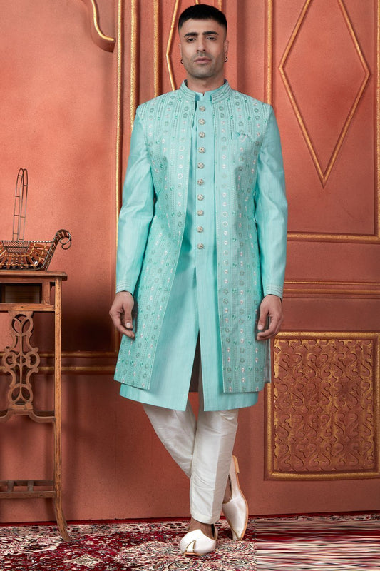 Blue Art Silk Mens Indo Western (NMK-7726) - Nihal Fashions