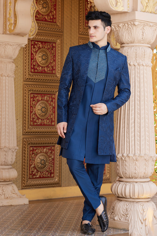 Blue Art Silk Mens Indo Western (NMK-8208) - Nihal Fashions