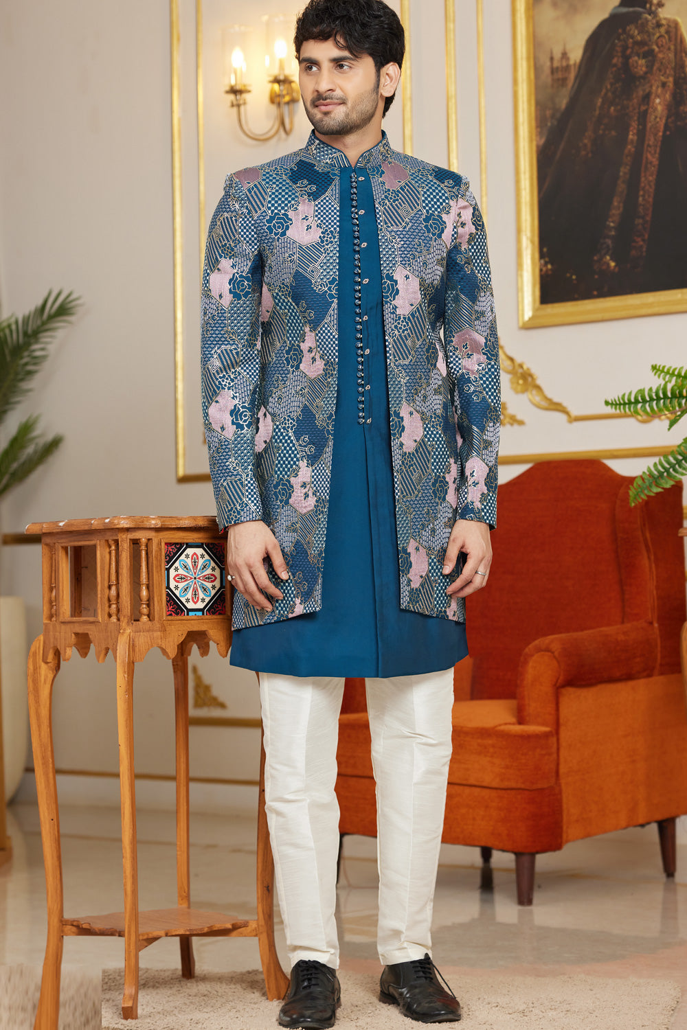 Blue Art Silk Mens Indo Western (NMK-8269) - Nihal Fashions