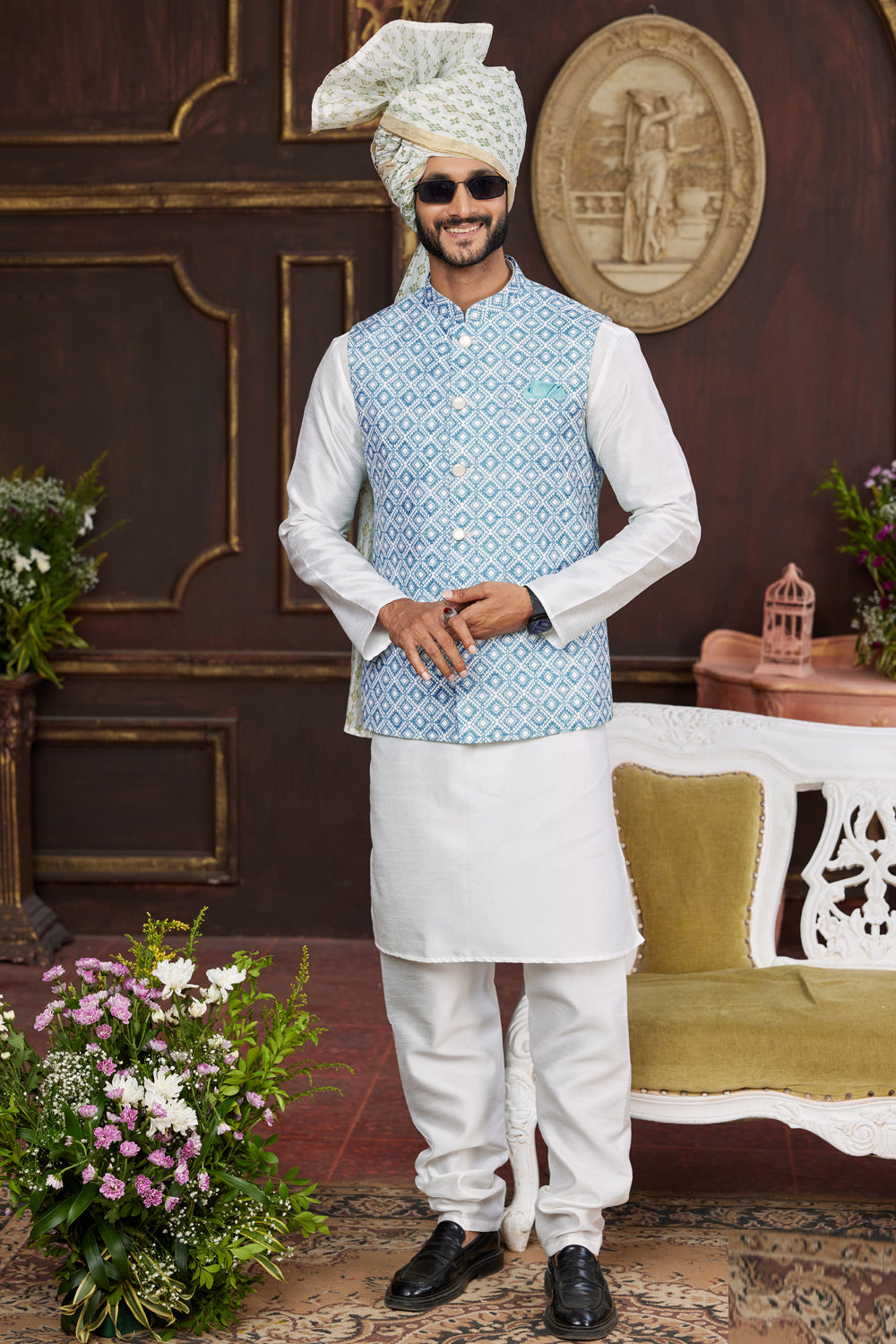 Blue Art Silk Mens Nehru Jacket (NMK-7952) - Nihal Fashions