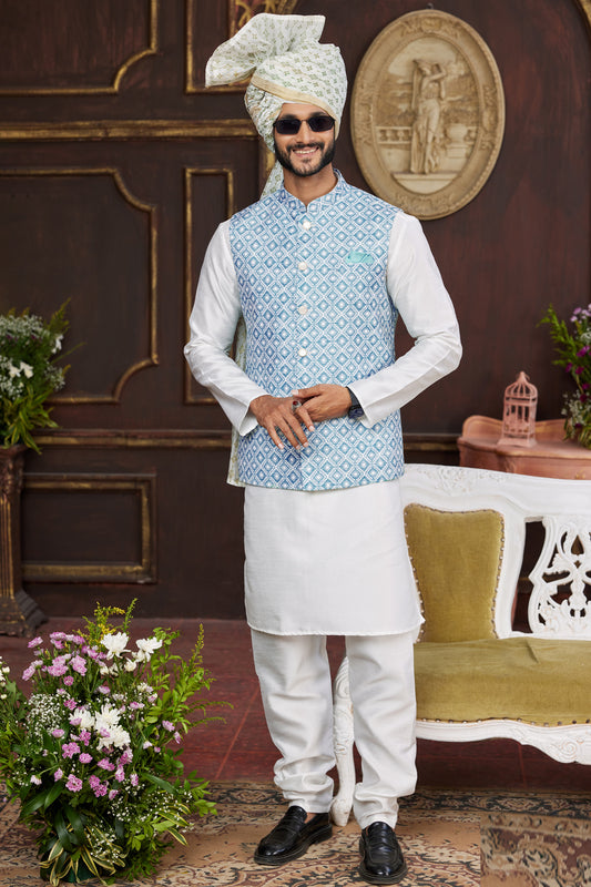Blue Art Silk Mens Nehru Jacket (NMK-7952) - Nihal Fashions