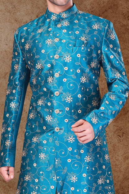 Blue Art Silk Mens Sherwani (NMK-6758) - Nihal Fashions