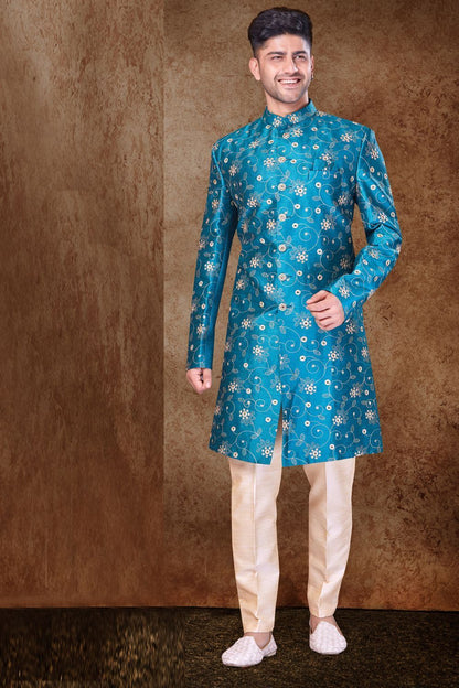 Blue Art Silk Mens Sherwani (NMK-6758) - Nihal Fashions