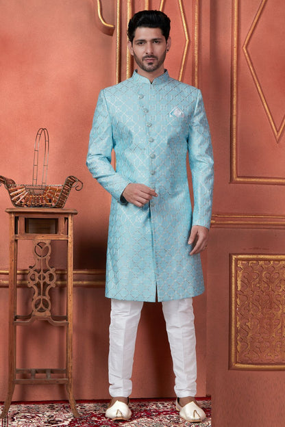 Blue Art Silk Mens Sherwani (NMK-7731) - Nihal Fashions