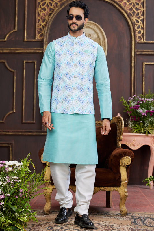 Blue Art Silk Nehru Jacket for Mens (NMK-7948) - Nihal Fashions