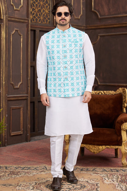 Blue Art Silk Nehru Jacket (NMK-7945) - Nihal Fashions
