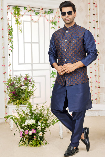 Blue Art Silk Nehru Jacket (NMK-7979) - Nihal Fashions