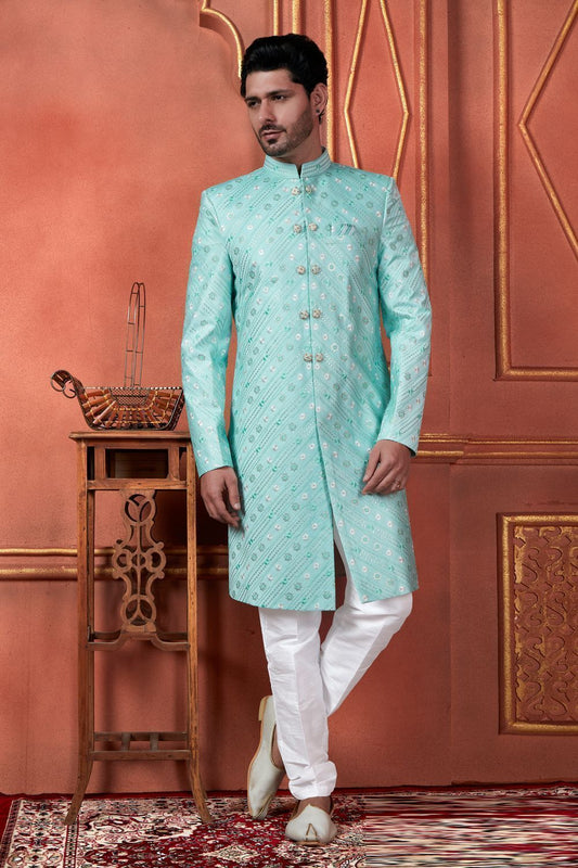 Blue Art Silk Sherwani for Men (NMK-7728) - Nihal Fashions