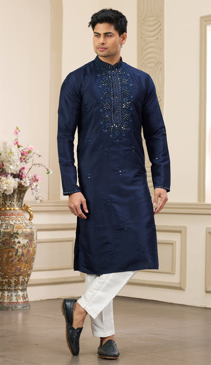Blue Banarasi Art Silk Kurta Pajama (NMK-8390) - Nihal Fashions