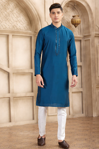 Blue Banarasi Art Silk Kurtas for Men (NMK-8487) - Nihal Fashions