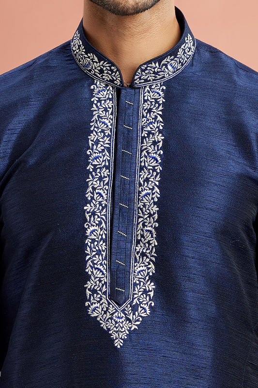 Blue Banarasi Art Silk Mens Kurta Pajama (NMK-7939) - Nihal Fashions
