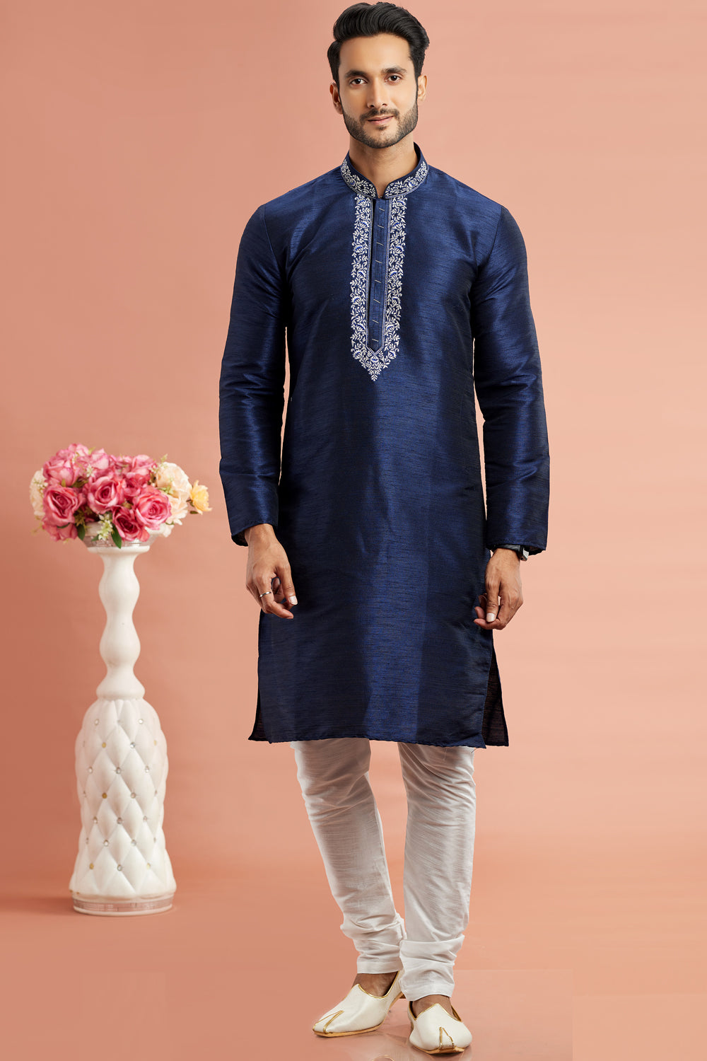 Blue Banarasi Art Silk Mens Kurta Pajama (NMK-7939) - Nihal Fashions
