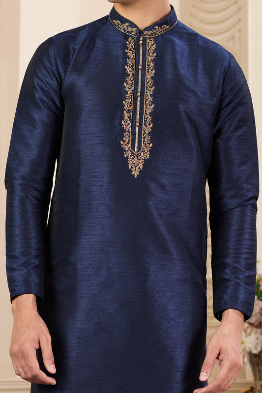 Blue Banarasi Art Silk Mens Kurta Pajama (NMK-8476) - Nihal Fashions
