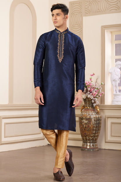 Blue Banarasi Art Silk Mens Kurta Pajama (NMK-8476) - Nihal Fashions
