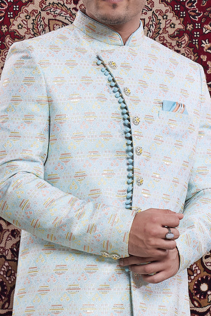 Blue Banarasi Jaquard Indo Western for Men (NMK-8561) - Nihal Fashions