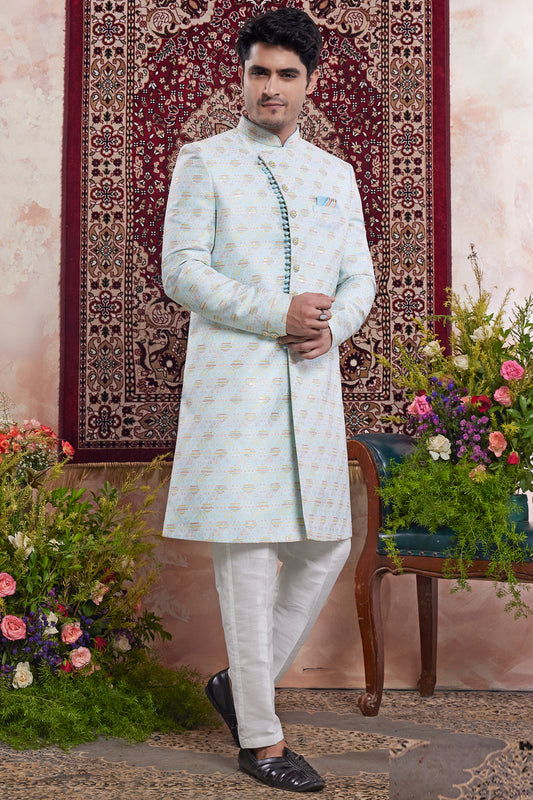 Blue Banarasi Jaquard Indo Western for Men (NMK-8561) - Nihal Fashions